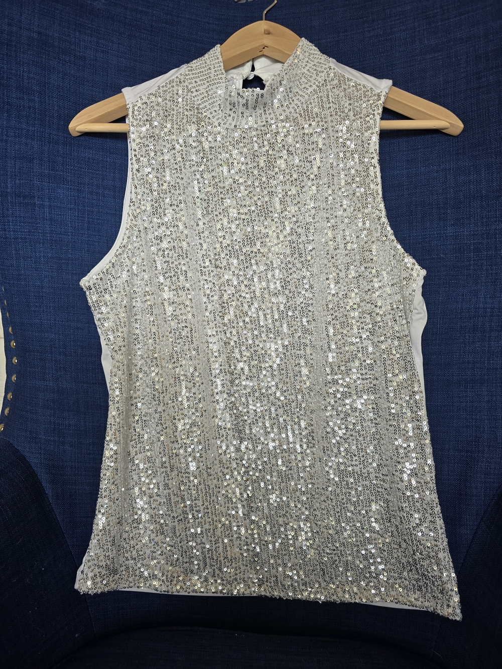 Star Sparkle! Sleeveless Sequined Mock Neck Shell Top - White.